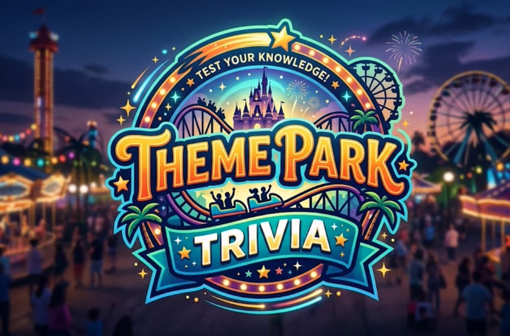 Theme Park Trivia badge — 'Test Your Knowledge' with a castle, roller coaster, and Ferris wheel at dusk